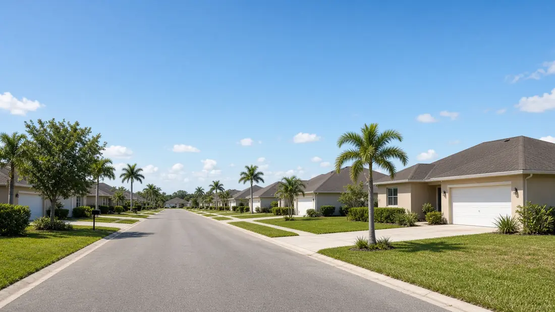 Residential street of single-story homes in Palm Bay, Florida