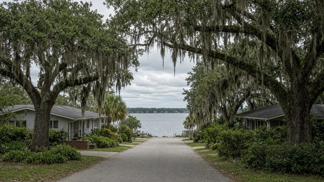 Residential street of single-story homes in Rockledge, Florida