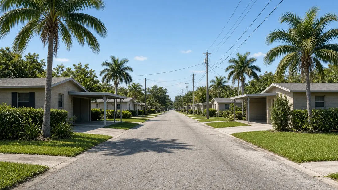 Residential street of single-story homes in Satellite Beach, Florida