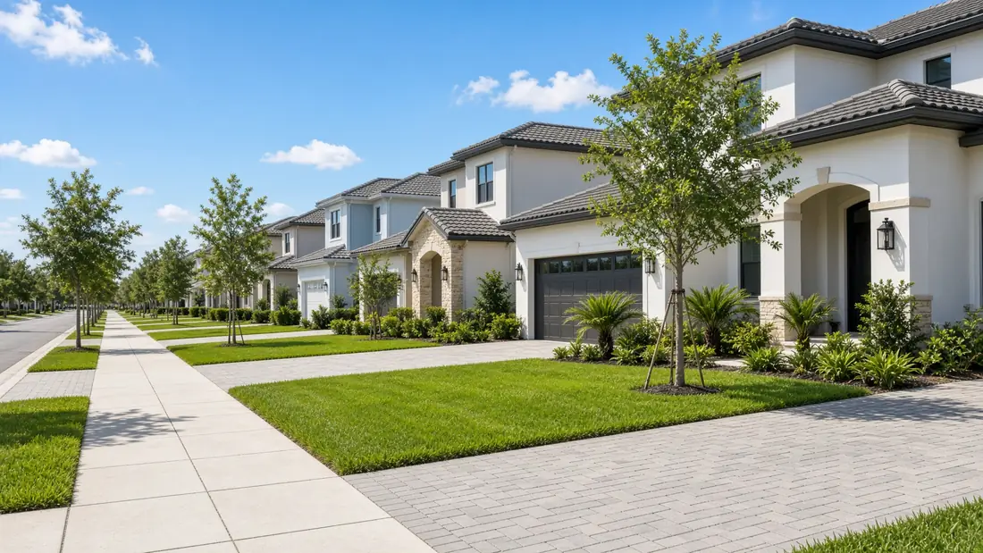 Residential street of single-story homes in Viera, Florida