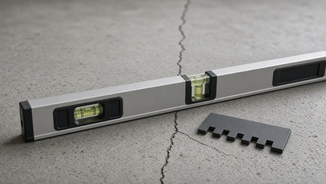 A spirit level and crack width gauge resting on a concrete floor beside a crack
