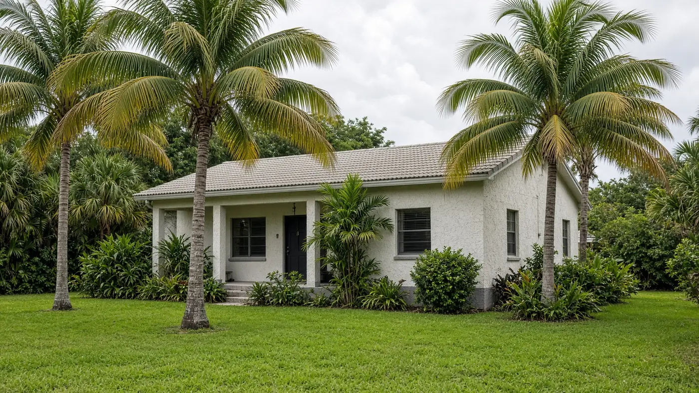 Single-story concrete block home with a tile roof and palms in Melbourne, Florida