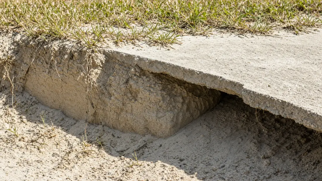 Pale sandy Florida soil washed away beneath the edge of a concrete slab