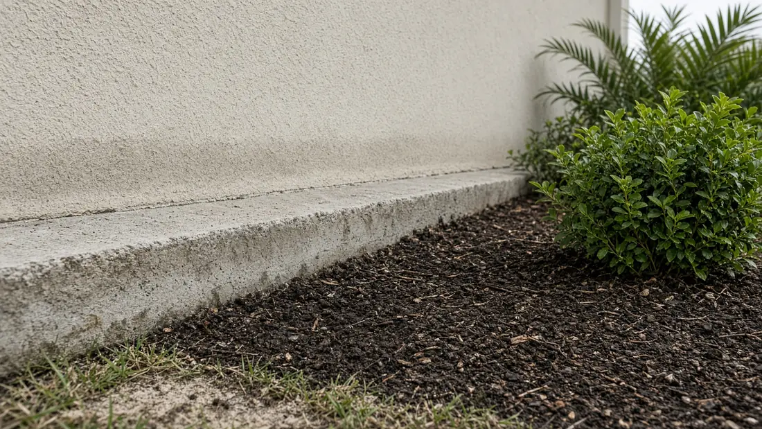 Exposed edge of a concrete slab foundation where it meets a stucco wall