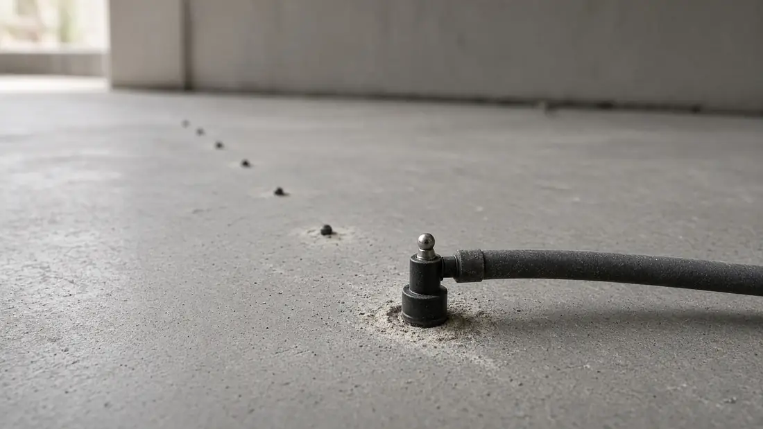 Injection port and hose set into a drilled hole in a concrete floor slab