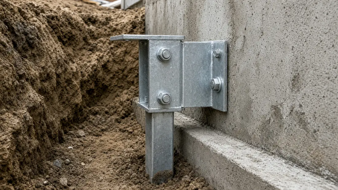 Galvanized steel push pier bracket bolted to a concrete foundation footing